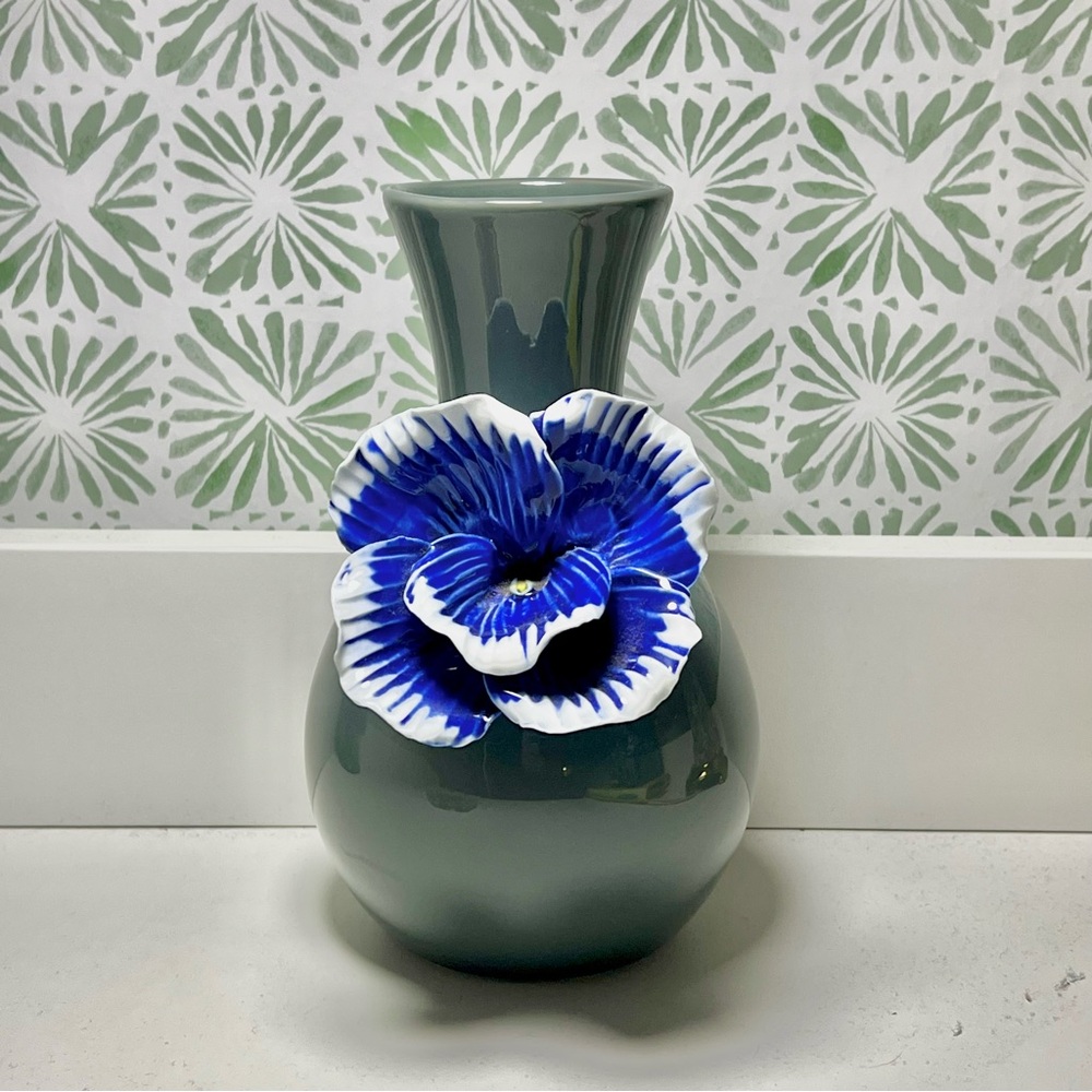Anthropologie Gray Vase with 3D Blue Flower Detail